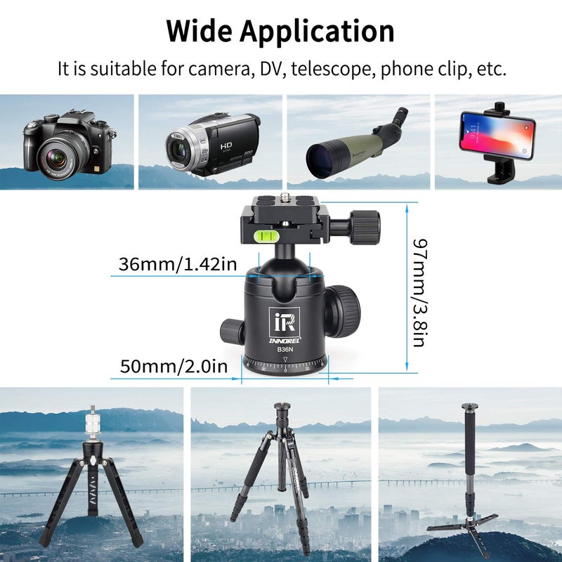 Innorel Tripod Ball Head, Camera Tirpod Ball Head Mount 36MM Diameter Ball INNOREL B36N All Metal CNC Panorama Ballhead 1/4" Screw 3/8" Hole for DSLR Camera Camcorder Tripod Monopod Slider (B36N) - Image 3